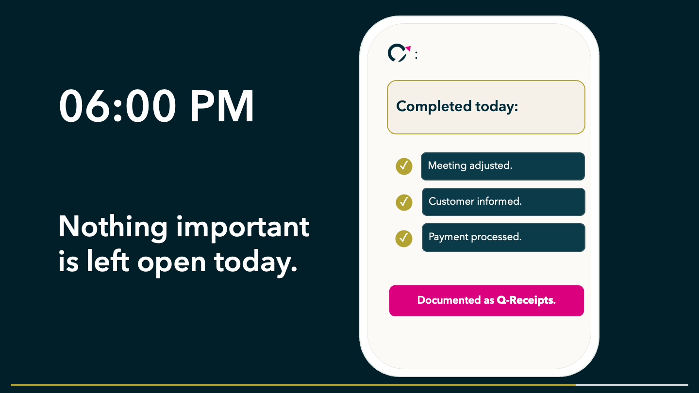 The end-of-day summary shows completed processes and traceable Q-Receipts.